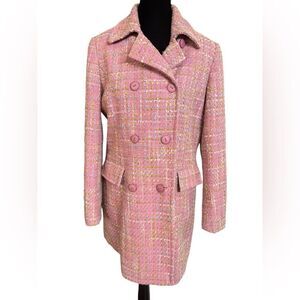 Vintage Pink Plaid Pea Coat Size Small Textured Tweed Lightweight Jacket